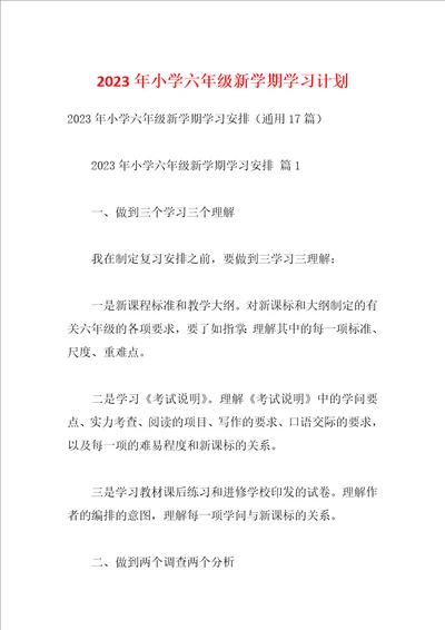 2023年小学六年级新学期学习计划