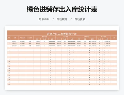 橘色进销存出入库统计表