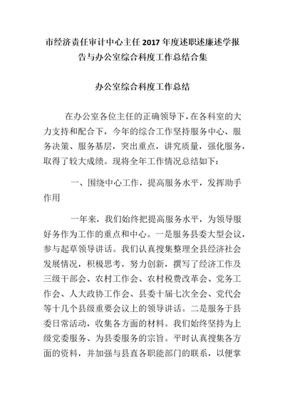 市经济责任审计中心主任2017年度述职述廉述学报告与办公室综合科度工作总结合集