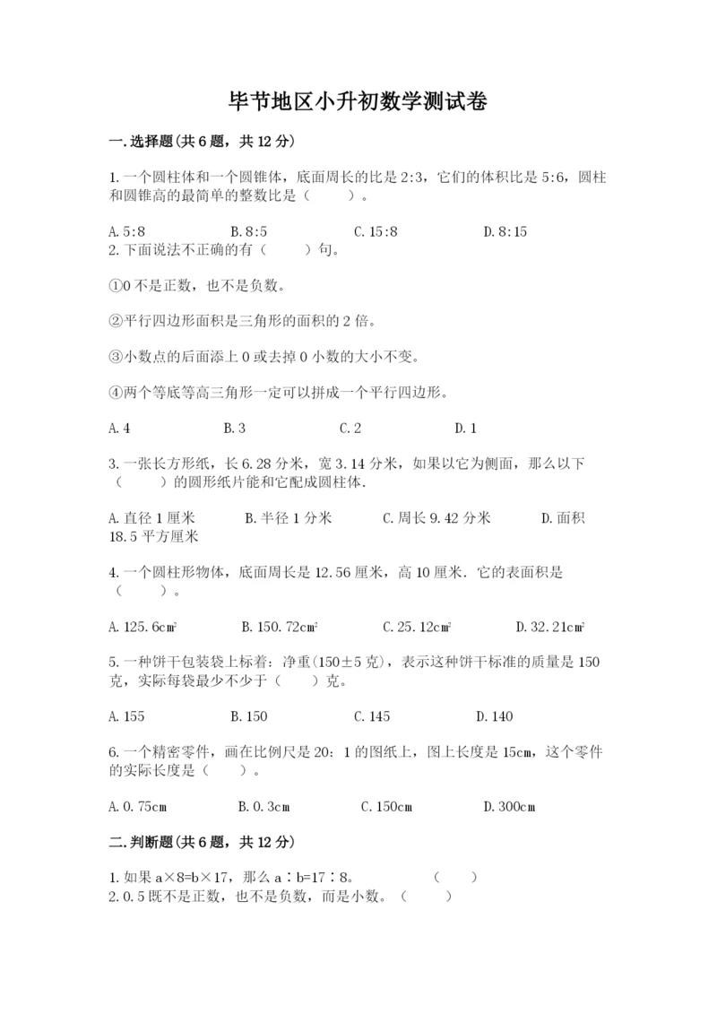毕节地区小升初数学测试卷及参考答案.docx