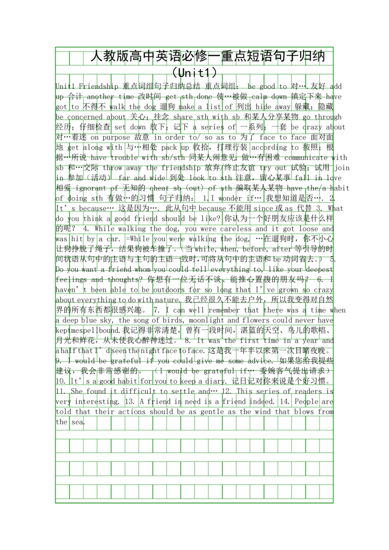 人教版高中英语必修一重点短语句子归纳Unit1.docx