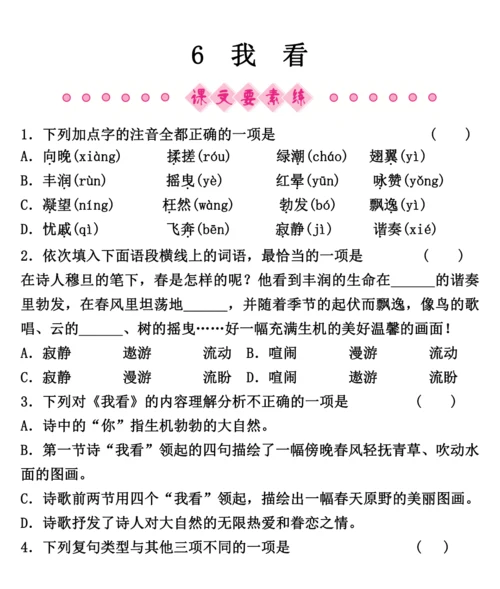 2024~2025学年九年级上册语文同步练习 第6课 我　看（部编版）