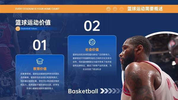 蓝橙色商务简约风篮球运动推广活动策划PPT模板