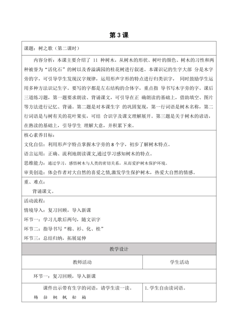 【新课标】统编版二年级上第二单元第六课时树之歌大单元教学设计
