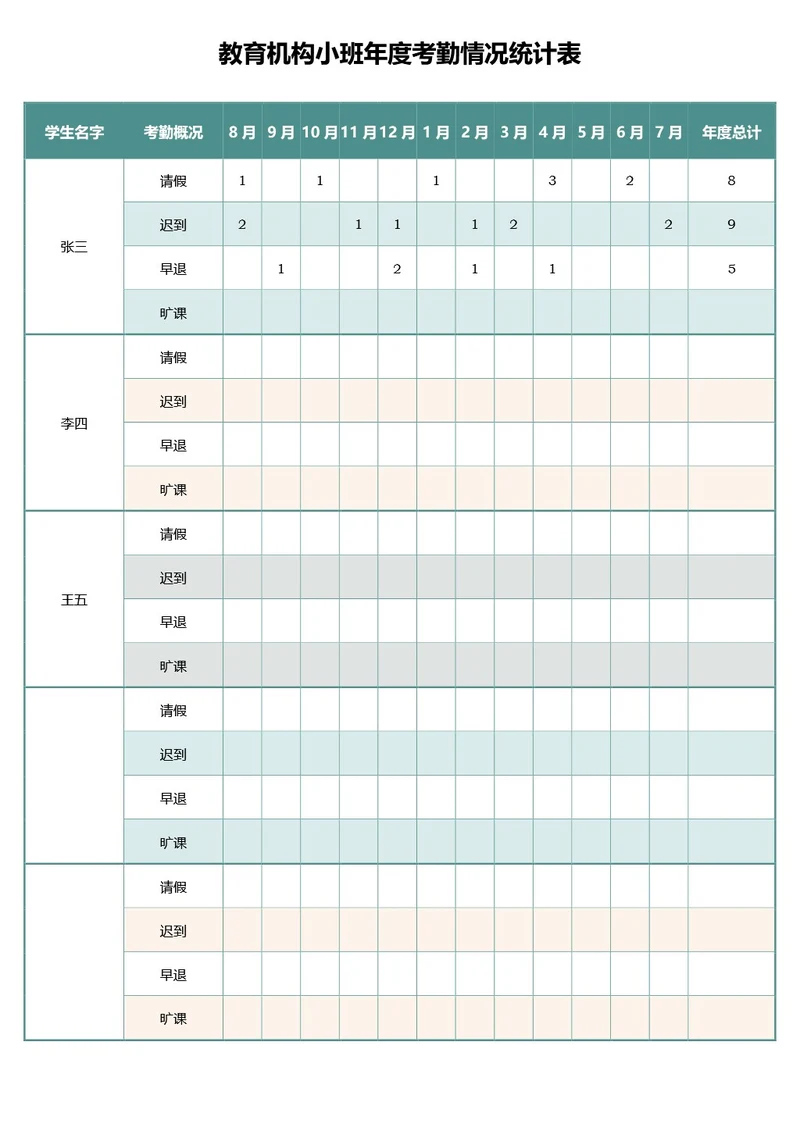 简约绿色学生年度考勤记录表