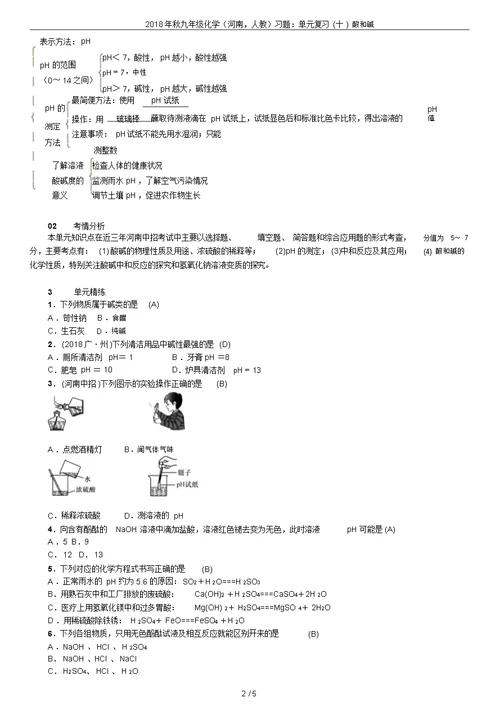 2018年秋九年级化学(河南,人教)习题：单元复习(十)酸和碱