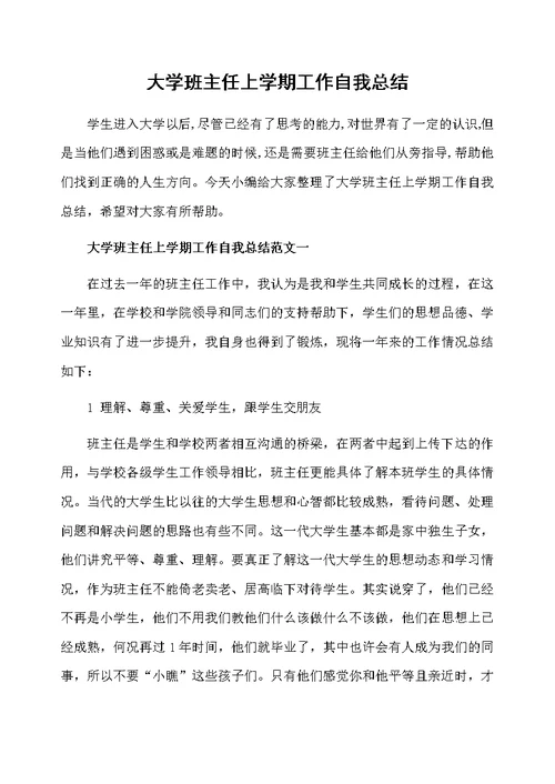 大学班主任上学期工作自我总结