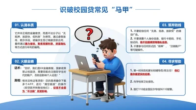 蓝白卡通校园贷反诈科普PPT单页