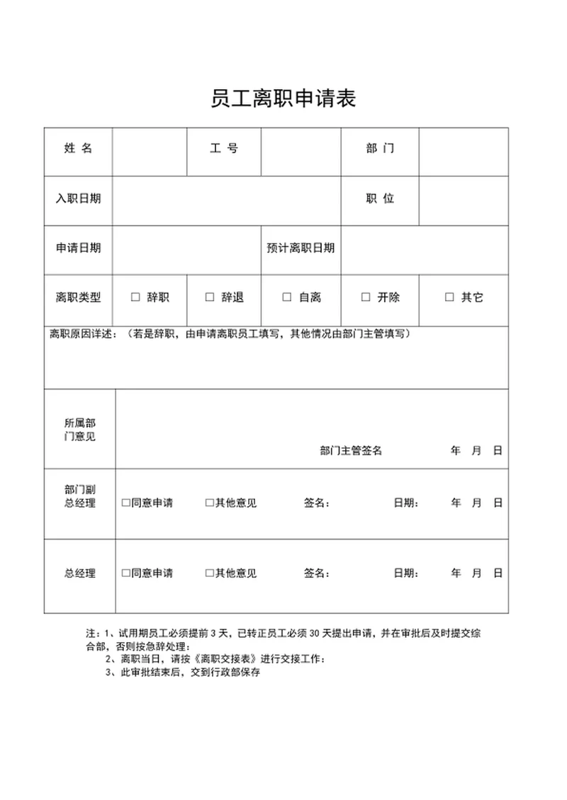 公司员工离职申请表离职表word表格模板