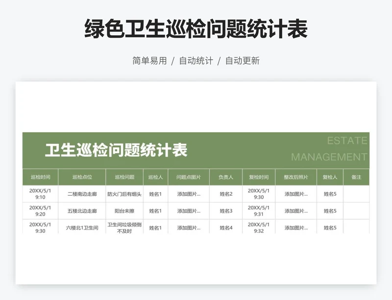 绿色卫生巡检问题统计表