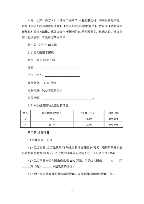 幼儿园投资运营合作协议