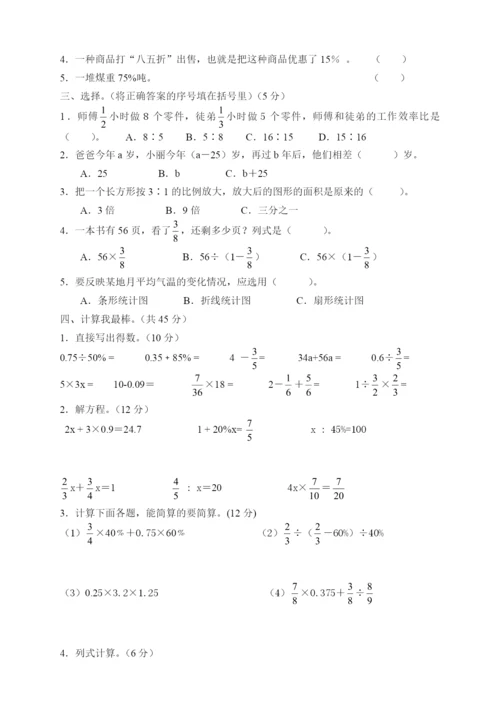 人教版小学六年级数学下册期末试卷--(10).docx