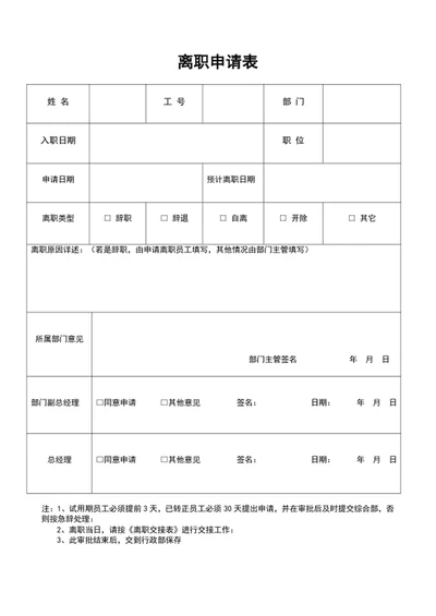 公司员工离职申请表员工离职表word表格