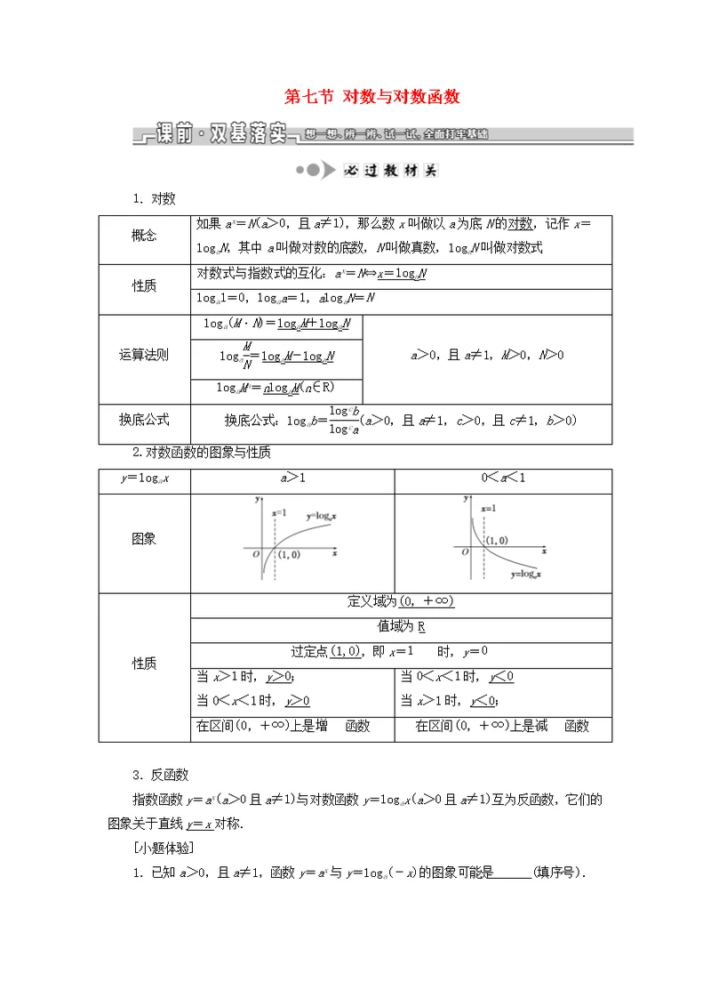 江苏2020版高考数学第二章函数的概念与基本初等函数ⅰ第七节对数与对数函数学案（理）（含解析）