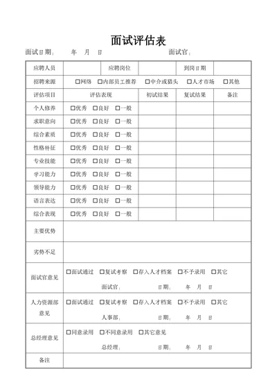 人事员工面试评估表（人事招聘）