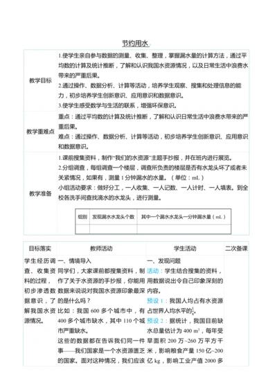 （大单元整体教学）节约用水（表格式）教学设计 人教版 六年级上册数学