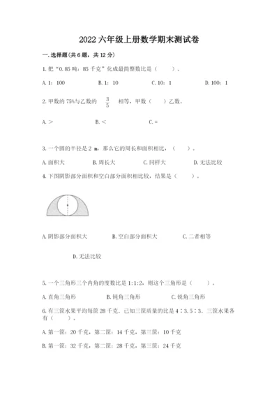 2022六年级上册数学期末测试卷附答案（模拟题）.docx