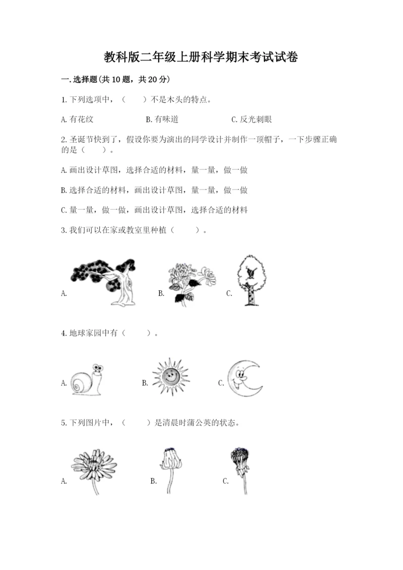 教科版二年级上册科学期末考试试卷含答案【培优b卷】.docx