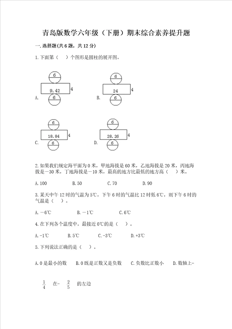 青岛版数学六年级下册期末综合素养提升题精品黄金题型