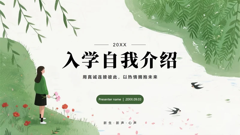 绿色手绘小清新新学期入学自我介绍PPT模板