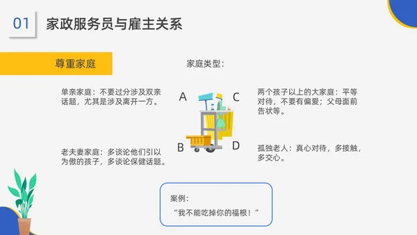 蓝黄配色插画风家政服务培训课件员工培训