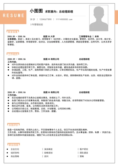 A4简约风总经理助理个人竞聘简历模板