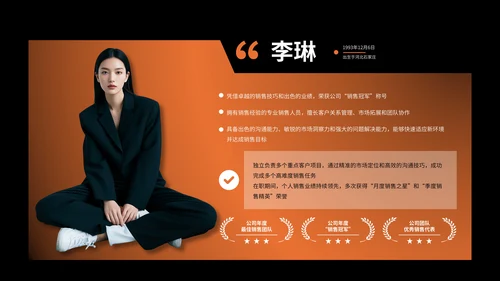 黑橙色简约风人物介绍PPT版式合集