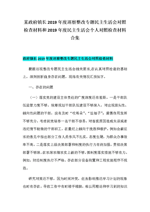 某政府镇长2019年度巡察整改专题民主生活会对照检查材料和2019年度民主生活会个人对照检查材料合集