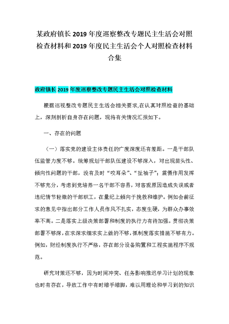 某政府镇长2019年度巡察整改专题民主生活会对照检查材料和2019年度民主生活会个人对照检查材料合集