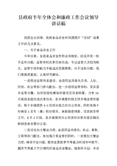 县政府半年全体会和廉政工作会议领导讲话稿