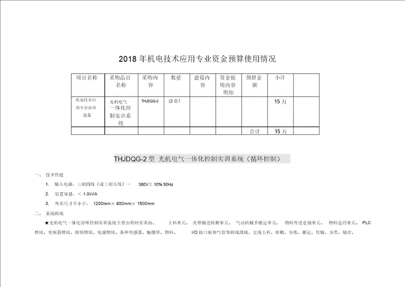 2018年机电技术应用专业资金预算使用情况