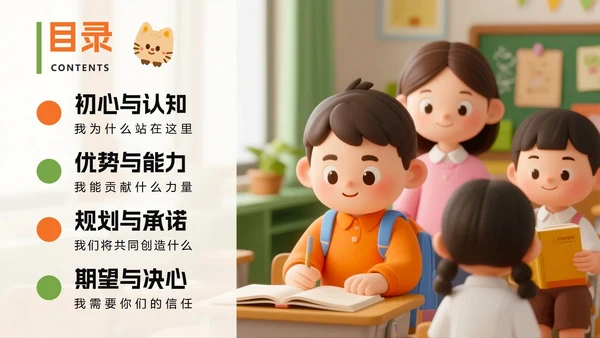 橙色3D卡通风班级班干部竞选生活委员竞选PPT模板