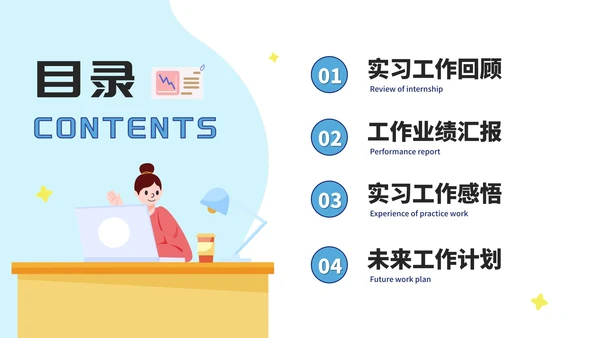 蓝色卡通实习期转正述职报告PPT模板