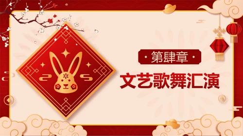 红色中国风兔子新春茶话会带内容PPT模板