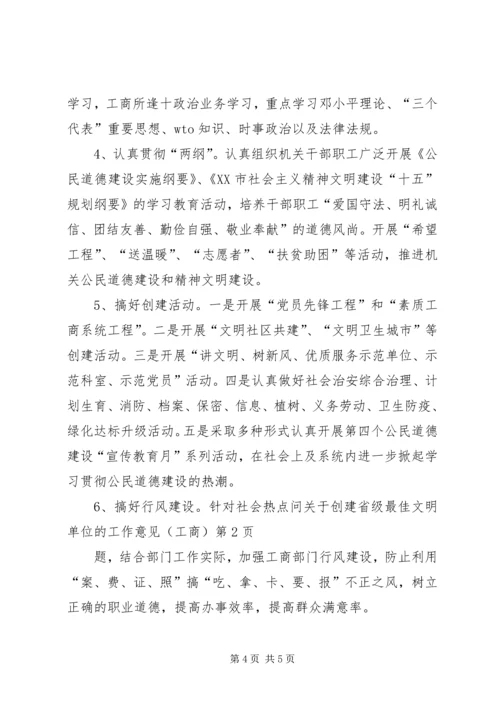 关于创建省级最佳文明单位的工作意见（工商）.docx