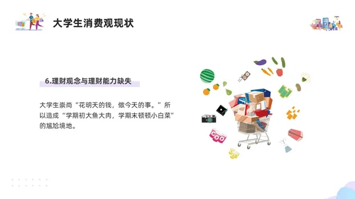 紫色简约插画大学生消费观PPT模板建设节约型社会培养正确消费