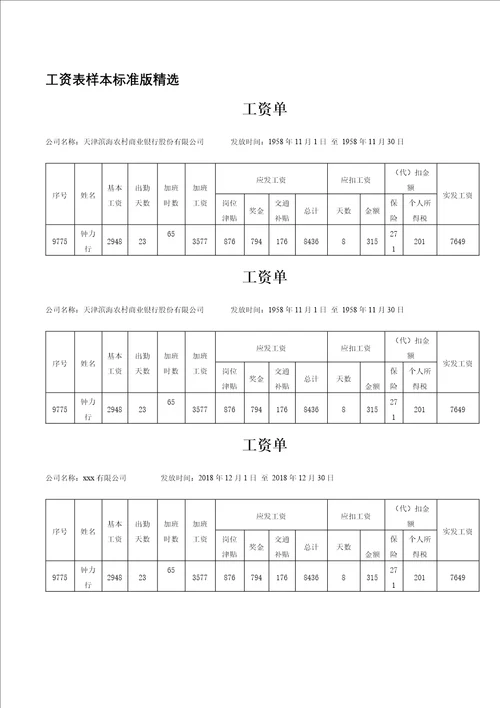 工资表样本标准版精选