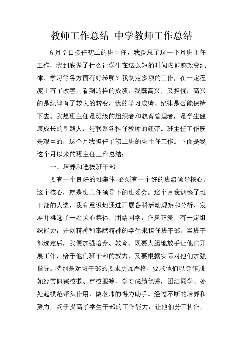 教师工作总结 中学教师工作总结