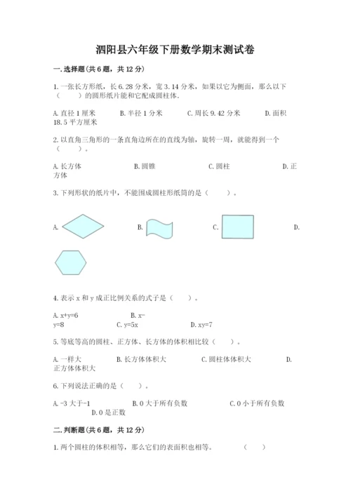 泗阳县六年级下册数学期末测试卷（突破训练）.docx