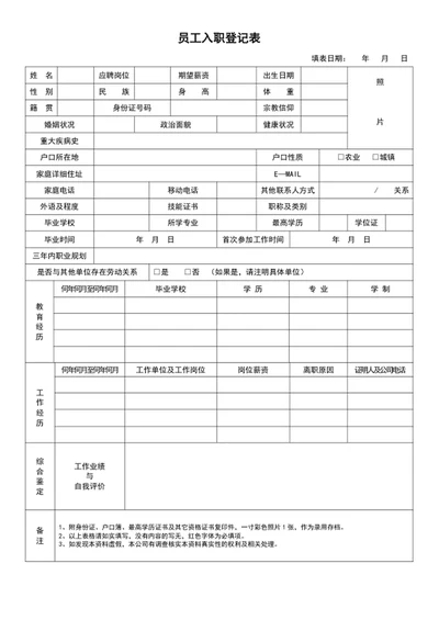 企业员工入职登记表入职简历模板word表格