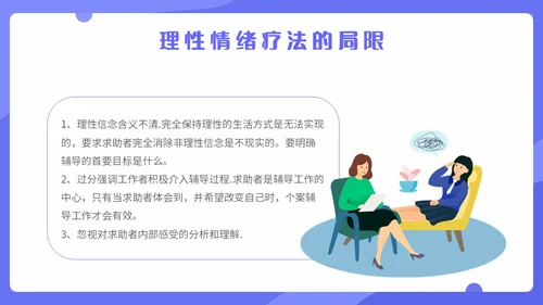 蓝色扁平化插画理性情绪疗法心理健康主题PPT模板合理情绪疗法