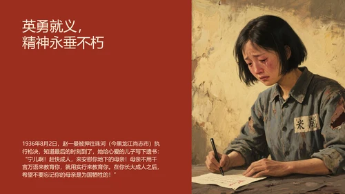 红黑配色复古油画风民族英雄赵一曼人物介绍PPT模板