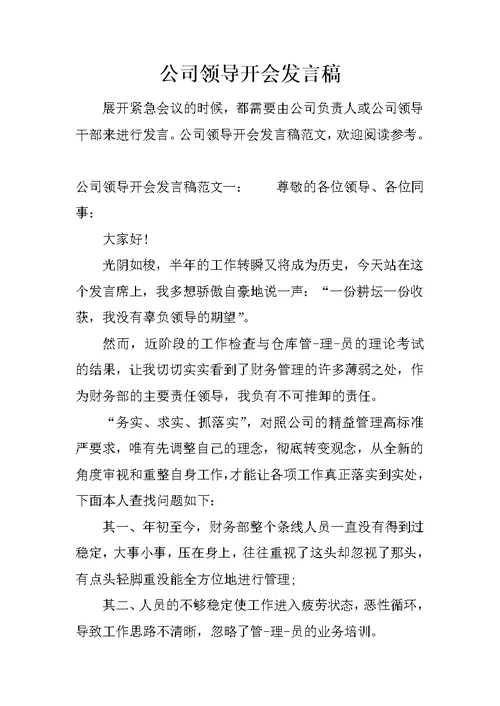 公司领导开会发言稿 1