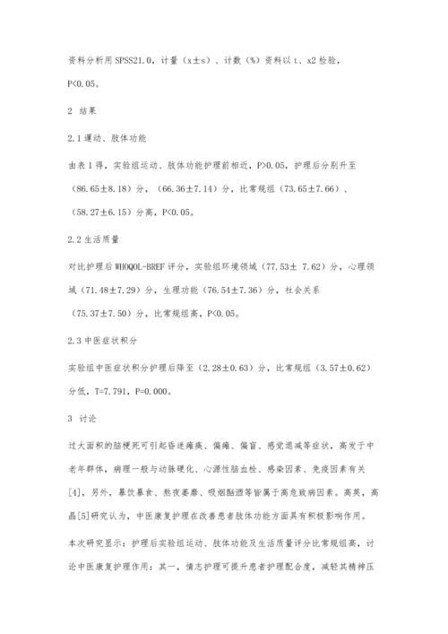 中医康复护理对脑梗死后肢体功能障碍恢复的作用探讨.docx