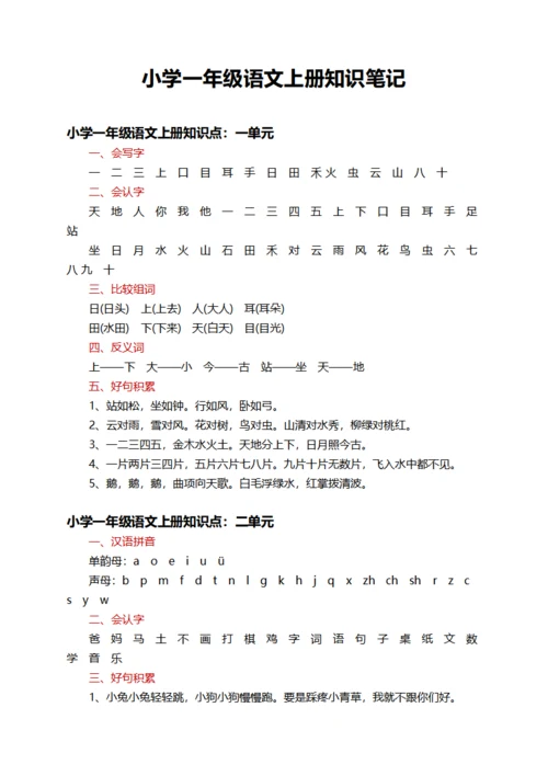 小学一年级语文上册知识整理笔记