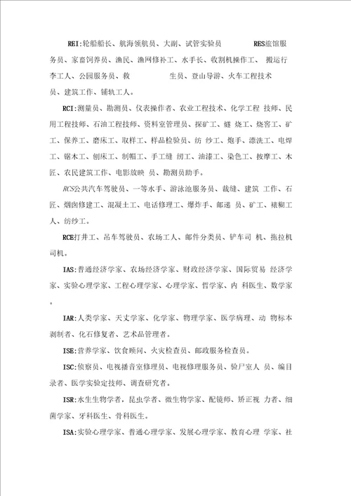 霍兰德职业索引职业兴趣代码与其相应的职业对照表