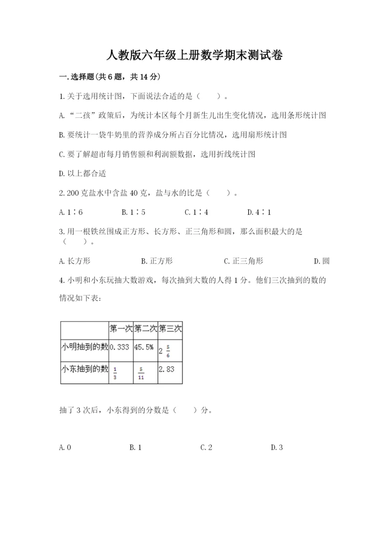 人教版六年级上册数学期末测试卷含答案【达标题】.docx