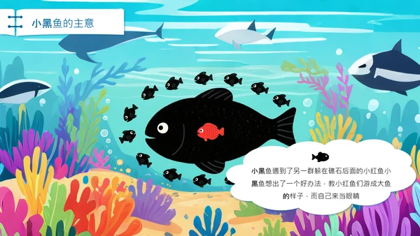 蓝色插画风小黑鱼会勇敢与团队协作PPT