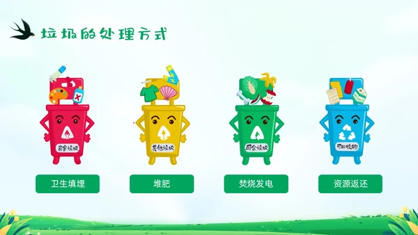 绿色清新插画垃圾分类你我同行PPT课件