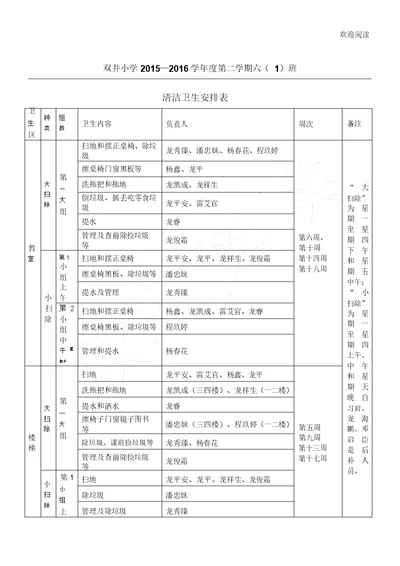 班级卫生安排表格模板